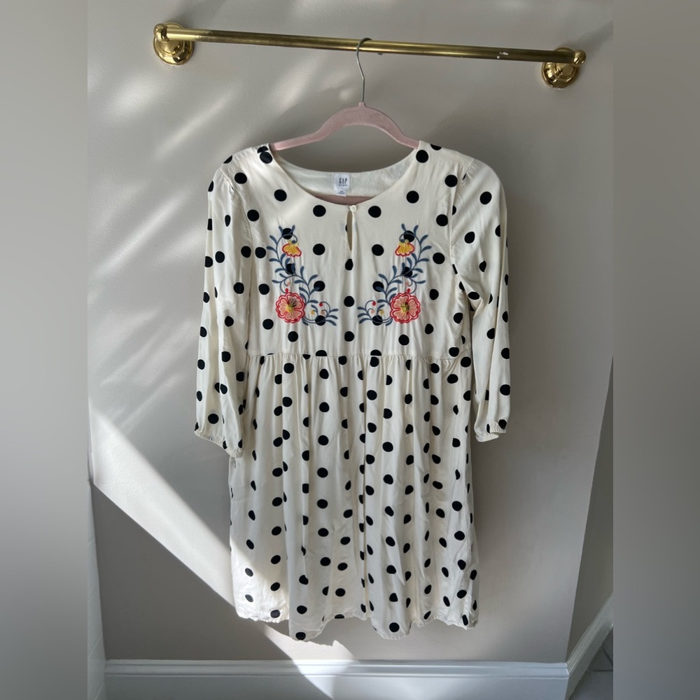 White dress with black polkadots with colorful flowers size XXL in kids
